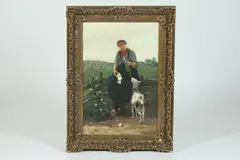 David de la Mar, Girl Feeding Goat, Oil on canvas