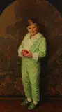 Margaret Lindsay Williams, YOUNG BOY iN GREEN OUTFIT WITH APPLE, Oil on canvas