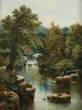 Henry Livens, Girl Seated on Rock by Waterfall, Oil on canvas