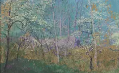 Rutherford Boyd, Landscape in Spring, Oil on board in hand carved frame by M