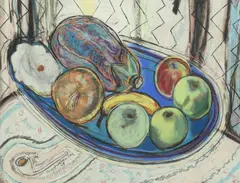 Beauford Delaney, Still Life with Eggplant and Fruit, Examined out of frame; unfixed pastel on paper partially laid down on board