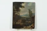 Mountain Landscape with Old Ruins by Continental School, MOUNTAIN LANDSCAPE WITH OLD RUINS, oil on panel in "as is" condition, sold Apr 2017