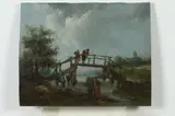 Fishing Off the Bridge by Continental School, FISHING OFF THE BRIDGE, oil on panel, sold Apr 2017