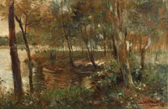 Giovanni Guerrini, Canoe Along River Bank with Woods, Oil on canvas