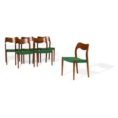 Niels Møller, Set of Six Model 71 Dining Chairs, teak, upholstery, each stamped 'JL MØLLER MODELS MADE IN DENAMRK' and 'DANISH' on lower inside edge of seat