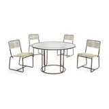 Four Dining Chairs and Circular Dining Table by Walter Lamb, for Brown Jordan, bronze tubing, rubber cord, glass, sold Mar 2023