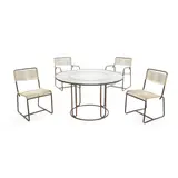 Two Dining Chairs, Two Armchairs and Circular Dining Table by Walter Lamb, for Brown Jordan, bronze tubing, rubber cord, glass, sold Mar 2023