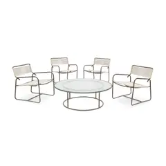 Walter Lamb, Four Armchairs and Circular Low Table, for Brown Jordan, bronze tubing, rubber cord, glass