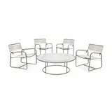 Walter Lamb, Four Armchairs and Circular Low Table, for Brown Jordan, bronze tubing, rubber cord, glass