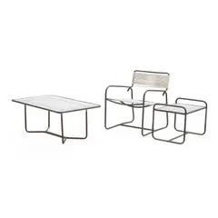 Armchair, Rectangular Coffee Table and Side Table by Walter Lamb, for Brown Jordan, bronze tubing, rubber cord, glass, sold Mar 2023