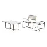 Armchair, Rectangular Coffee Table and Side Table by Walter Lamb, for Brown Jordan, bronze tubing, rubber cord, glass, sold Mar 2023
