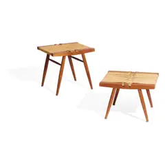 Companion Pair of Nesting Grass Seated Stools by George Nakashima, walnut, cord, each stool with plaque engraved 'George Nakashima 10-10-62 62-XI-31' on underside, sold Mar 2023