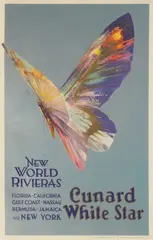 Walter Thomas, CUNARD WHITE STAR, New World Rivieras, lithographic poster in colours, printed by Liverpool Printing on metalic-silver paper, cond