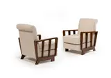 Maxime Old, Paire de fauteuils, A pair of oak and fabric armchairs by Maxime Old designed circa 1940