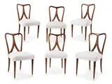 Travail Italien, Suite de six chaises, A set of six wood, brass and Italian fabric chairs circa 1960