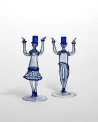 Carlo Scarpa, Pair of Rare Figural Candelabra, for MVM Cappellin, blown and applied glass, each with acid stamp 'MVM Cappellin Murano'