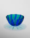Large Fasce Bowl by Fulvio Bianconi, glass with vertical blue and green bands, acid stamp 'venini murano ITALIA' and paper label 'VENINI MURANO VENEZIA MADE , sold Jun 2022