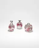 Rare Ad Anelli Dressing Table Set by Archimede Seguso, comprising jar and cover, atomizer and scent bottle, internally decorated glass, acid stamp to each 'MADE IN ITALY', sold Jun 2022