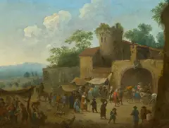 Marktszene vor den Toren einer Burg by Théobald Michau, Öl auf Zink, sold Jan 2023