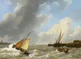 Petrus Johannes Schotel, Boote bei stürmischer See in der Flussmündung, Öl auf Leinwand