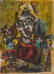 Ewald Platte, Clown mit Blumen, Mischtechnik auf Zeitungspapier collagiert auf Spanplatte