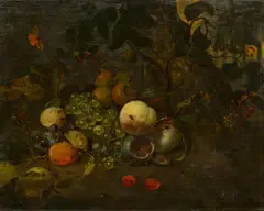 Jan Mortel, Stillleben mit Früchten auf einem Waldboden, um 1700-1710, Öl auf Holz