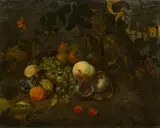 Jan Mortel, Stillleben mit Früchten auf einem Waldboden, um 1700-1710, Öl auf Holz