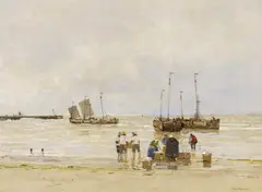 Hans Herrmann, Fischer mit ihrem Fang am Strand, Öl auf Leinwand