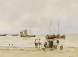 Hans Herrmann, Fischer mit ihrem Fang am Strand, Öl auf Leinwand