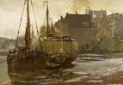 Hans Herrmann, Vor Anker liegende Segelboote in Delftshaven, Öl auf Leinwand