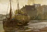 Hans Herrmann, Vor Anker liegende Segelboote in Delftshaven, Öl auf Leinwand