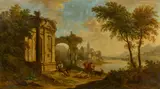 Große Flusslandschaft mit Schäfer vor antiken Ruinen by Christian Georg I Schütz, Öl auf Leinwand, sold May 2022