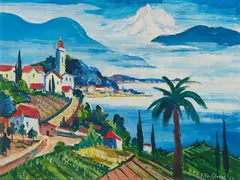 Franz Heckendorf, Südliche Landschaft, 1958, Öl auf Hartfaser