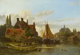 Adrianus Eversen, Holländisches Städtchen am Fluss, Öl auf Leinwand
