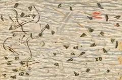 Carl Buchheister, "Komposition Rewi", 1961/63, Mischtechnik (Öl, Fäden, Draht, Strohhalme und kleine Steine) auf Hartfaserplatte