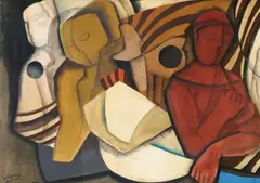 Béla Kádár, Ohne Titel (Komposition mit Figuren), 1920er Jahre, Öl und Tempera auf festem Papier