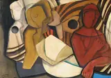 Béla Kádár, Ohne Titel (Komposition mit Figuren), 1920er Jahre, Öl und Tempera auf festem Papier