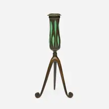 Blown-out candlestick by Tiffany Studios, c. 1910, patinated bronze, hand-blown glass, sold Jul 2025