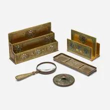 Abalone five-piece desk set by Tiffany Studios, c. 1915, acid-etched and gilt bronze, mother-of-pearl, glass, sold Jul 2025