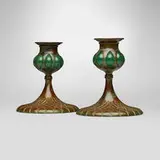 Blown-out candlesticks, pair by Tiffany Studios, c. 1910, patinated bronze, hand-blown glass, sold Jul 2025
