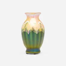 Hooked-feather vase by Quezal, c. 1910, hand-blown glass, sold Jul 2025