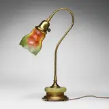Table lamp with Titania shade (Gre 6388) by Loetz, c. 1909, hand-blown glass, gilt brass, onyx, sold Jul 2025