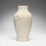 Monumental Favrile Pottery vase with broadleaf arrowhead by Tiffany Studios, 1904-14, bisque earthenware with glazed interior, sold Jul 2025