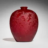 Acanthes vase by René Lalique, c. 1921, cased and frosted red glass, sold Jul 2025