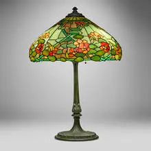 Wilkinson Co., Nasturtium table lamp, c. 1910, leaded glass, patinated metal