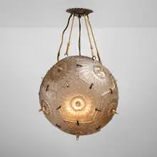 René Lalique, Rare Passiflore chandelier, c. 1924, molded glass, chrome-plated metal, rope