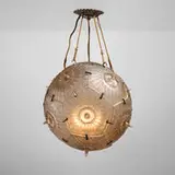 Rare Passiflore chandelier by René Lalique, c. 1924, molded glass, chrome-plated metal, rope, sold Jul 2025