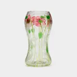 Exceptional intaglio vase with poppies by Tiffany Studios, c. 1910, hand-blown and wheel-carved glass, sold Jul 2025