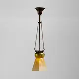 Hanging fixture with decorated shade by Tiffany Studios, c. 1926-29, hand-blown Favrile glass, patinated bronze, sold Jul 2025