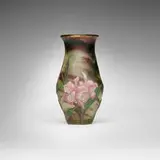 Vase with cattleya orchids by Schverer Burgun & Cie, c. 1896, acid-etched, wheel-carved, martelé, and gilt cameo glass, sold Jul 2025